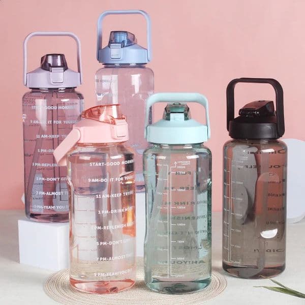 Water Bottle with Straw Drinking Bottles for Outdoor Sports Time Marker Large Capacity Leakproof Cup Drinkware Travel Fitness 2L 240729