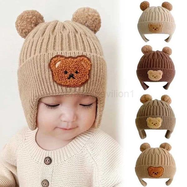 Baby Ear Protection Hats Cute Bear Embroidered Pullover Wool Knit Hat Children Autumn and Winter Thickened Warm Windproof HatsXJ240730