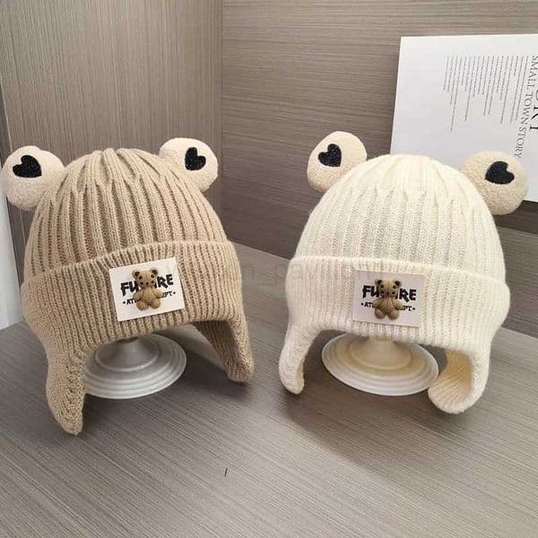 Cute Winter Knitted Baby Cap Cartoon Bear Toddler Boys Girls Warm Beanie Bonnet Hat Windproof Kids Crochet Ear Protection CapsXJ240730