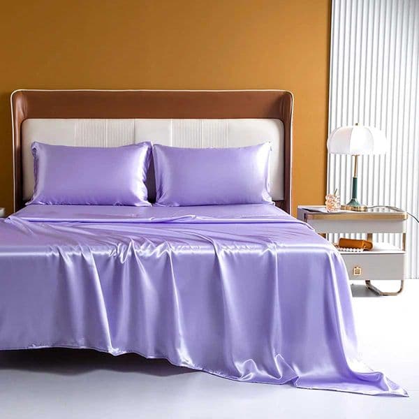 Light Purple High-End Rayon Satin 4pcs Fitted Sheet Set Silky Solid Color Bed Sheet Elastic Band Sheets Smooth Bedsheet Mattress Y240730