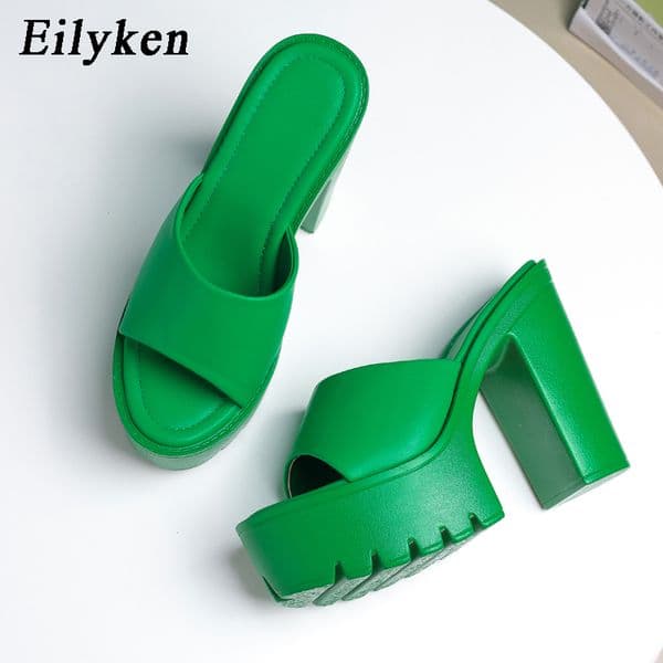 eilyken summer fashion womens slippers banquet nightclub platform chunky high heels slide mule shoes green white sandals 8275