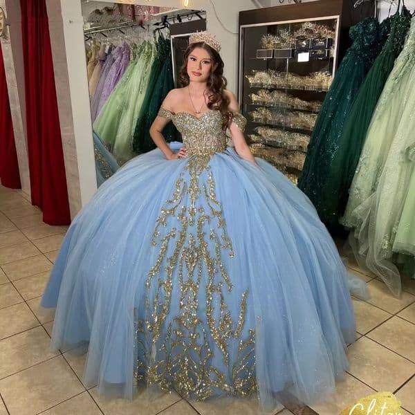Elegant Blue Quinceanera Dresses Ball Gown 2025 Shiny Gold Lace Applique Beading Bow Corset Sweet 16 Vestidos De 15 Anos