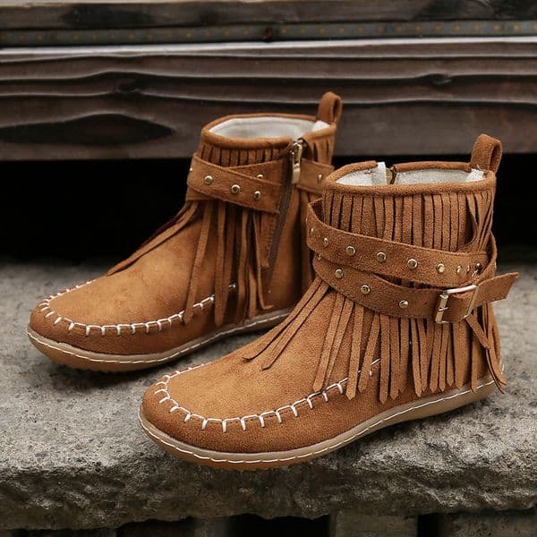 Style Bohemian Tassels Ankle Women Retro Faux Suede Buckle Strap Short Boots Woman Plus Size 43 Flat Heels Western Botas 942f
