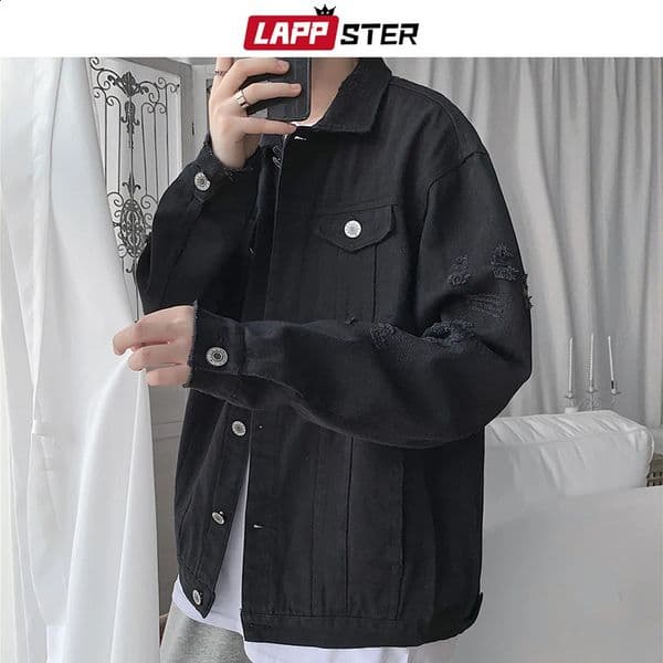 LAPPSTER Vintage Hole Black Jean Jacket Y2k Streetwear Autumn Denim Jackets Coats Men Korean Fashions Windbreaker Jackets 240731