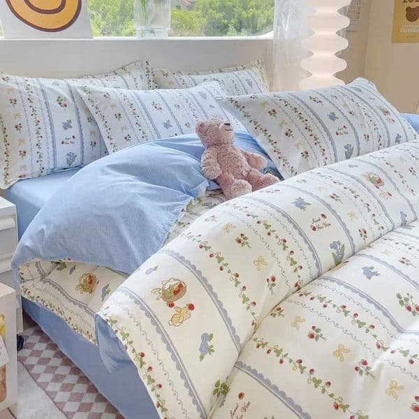 Blue Floral Bedding Set For Girls Bow Knot Print Flat Sheet Duvet Cover and Pillowcase Soft Bed Linen Double Size Home Textile Y240730