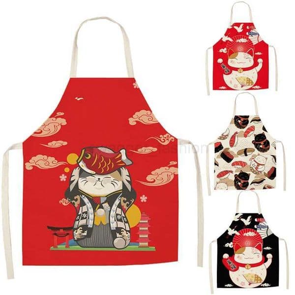 Lucky Cat Apron Kitchen Aprons for Women Cotton Linen Bibs Household Cleaning Pinafore Home Cooking ApronXJ240731