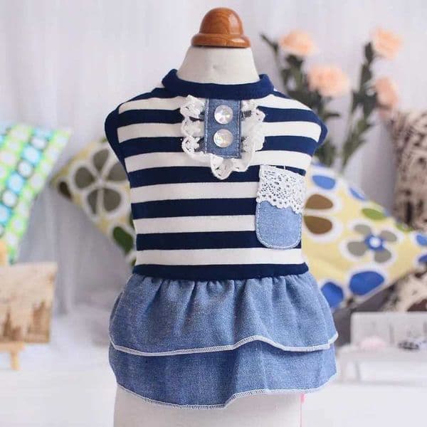 Summer Pet Dog Cute Clothes Costume Stripe Dress 100% Cotton Black and White Striped Denim Skirt Cute Dog Apparel Dog ClothingXJ240731