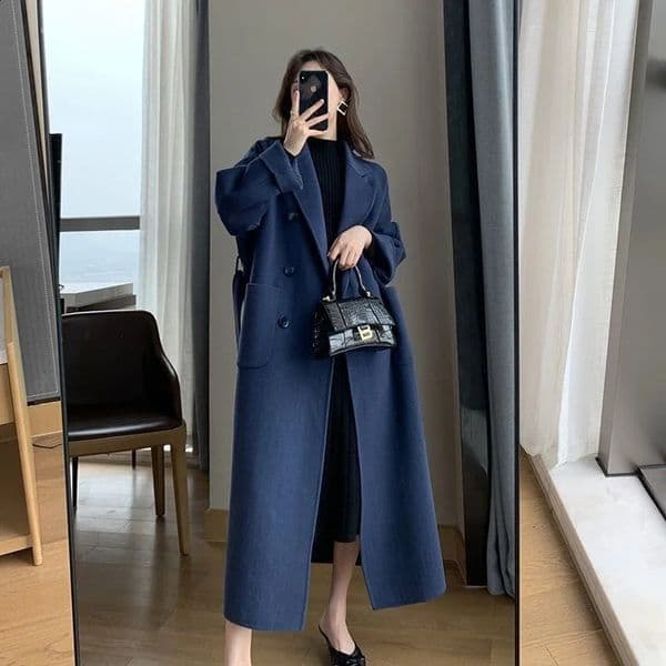 Autumn Winter Women Woolen Cloth Coat Warm Long Length Double Breasted Navy Blue Female Elegant Outerwear Loose Belt Overcoat 240729