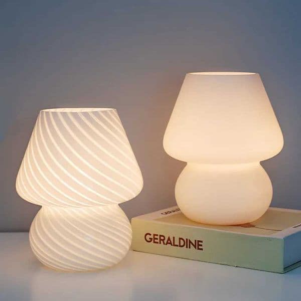 Glass LED Desk Lamp For Bedroom Bedside Korean Ins Style Striped Mushroom Table Decor Cute Translucent Ring B240904