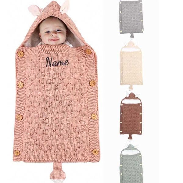 Name Customized Baby Knitted Rabbit Ear Sleeping Bag Newborn Envelope Anti Kick Quilt Swaddling Embroidery Name Gift Blanket Y240730