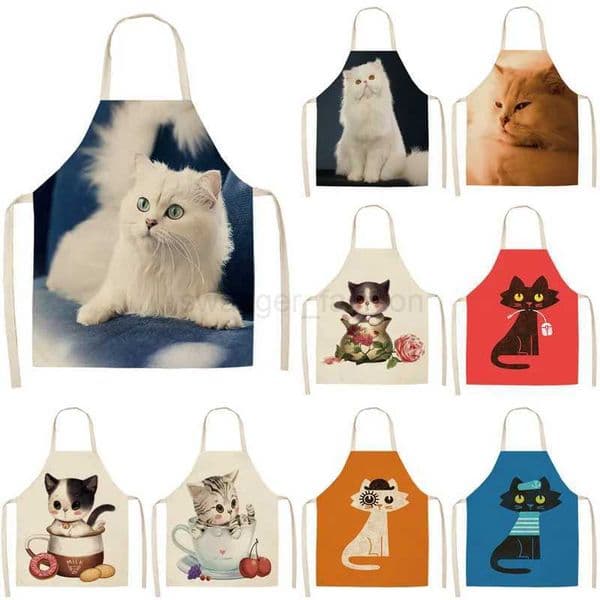 Chef Kitchen Apron for Woman Cute Cartoon Cat Printed Sleeveless Cotton Linen Aprons For Cooking Home Cleaning Tools 55x68cmXJ240731