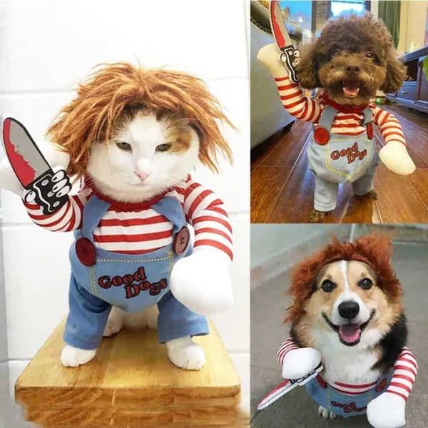 Halloween Dog Cosplay Chucky Costume Pet Dress Up Cats Dogs Clothes for Small Dogs Boy Wig Hat Halloween Cosplay Christmas PartyXJ240731