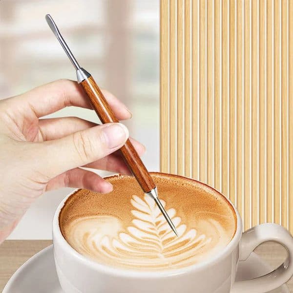 Stainless Steel Coffee Latte Pull Flower Needle Wooden Handle Cappuccino Espresso Decorating Art Pen Cafe Barista Modeling Tool 240731