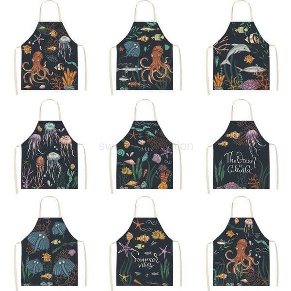 Marine Organism Apron Dolphin Jellyfish Aprons for Women Apron Kitchen Octopus Conch Cafe Apron for Men Kitchen ApronXJ240731