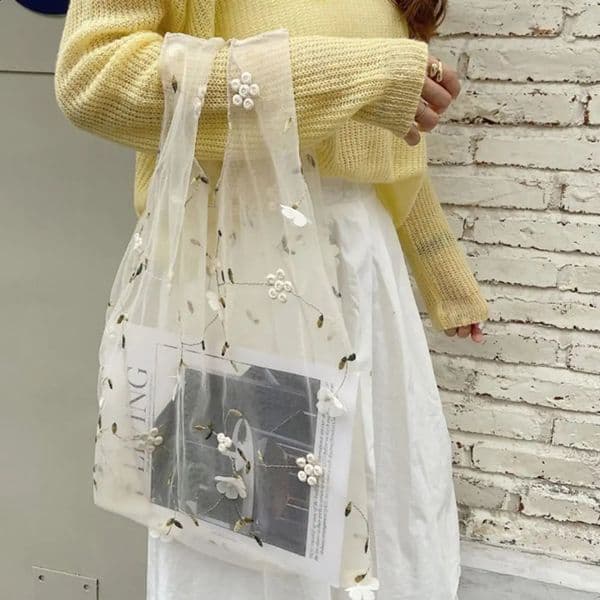 Transparent flower handbag reusable large capacity cloth bag shopping bag mesh storage bag 240731