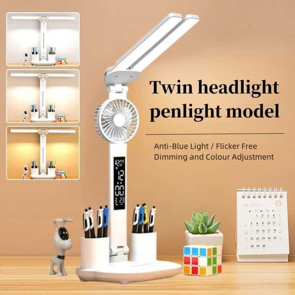 Table Lamp LED Double-headed Multifunction Foldable Touch LED Clock Table Lamp With Fan USB Chargeable Dimmable Reading Lamp B240904