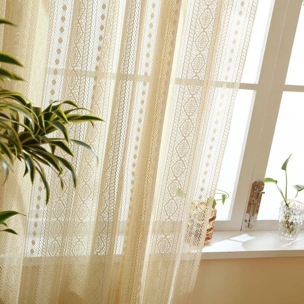 2025 new 1PC Japanese Boho Style Voile TulleBeige Vintage Argyle Geometric Sheer Curtains Rod Pocketfor the Living Room Decor