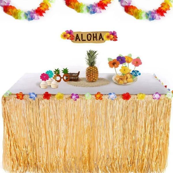 275x75cm Table Skirt Artificial Hibiscus Grass Table Skirts Tableware Hawaiian Luau Flower Grass Wedding Party Beach Decorations 240730