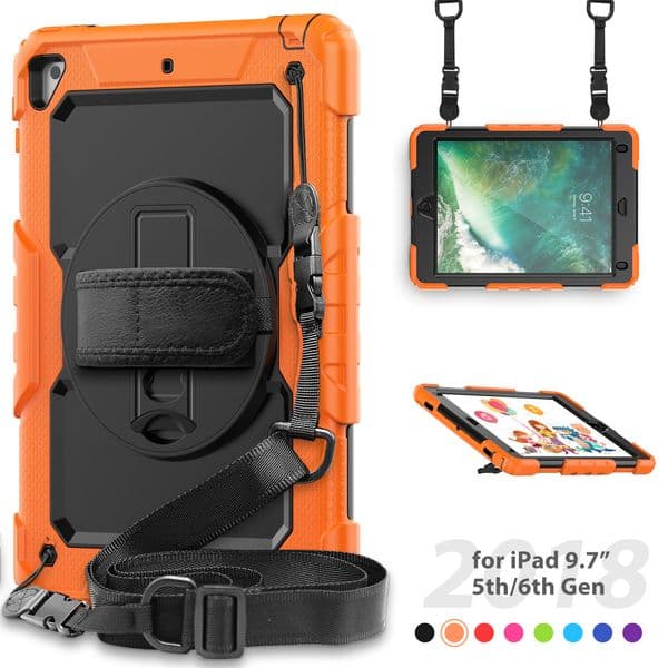 360 Rotating Hand Strap Case For iPad Pro 9.7 10.5 Air 2 3 Gen 10.2 inch Rugged Shockproof PC Silicone Kickstand Tablet Cover Kids iPad Cases with Shoulder Strap PET Film