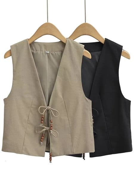 Willshela Women Fashion With Beading Army Green Lace Up Vest Sleeveless Jackets Vintage VNeck Waistcoat Female Chic Tank Tops 241024