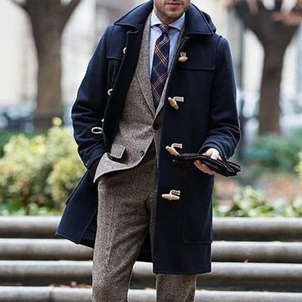 Men s Winter Duffle Coat Loose Fit Classic Wool Blend Long Sleeve Hood Toggle Outwear 241024