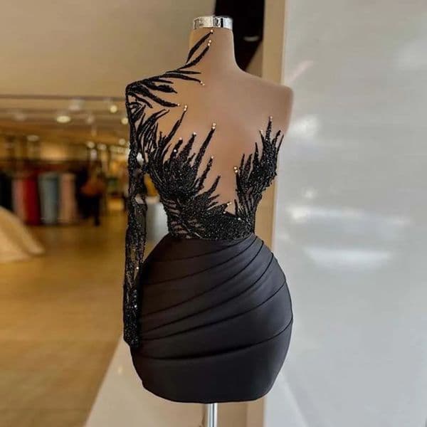 Black Sexy Elegant Short Party Dress One Shoulder Long Sleeves Applique Plus Size Women Mini Cocktail Evening Gowns Custom Made 240401