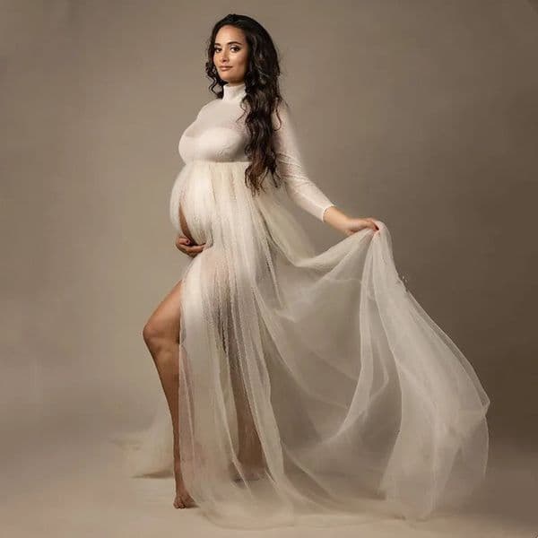 High Neck Stretchy Mesh Maternity Pography Tulle Dress Full Sleeve See Through Pregnancy Mesh Maxi Dress For Poshoot 240319