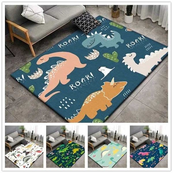 1Pc Cute Cartoon Dinosaur Print Carpet For Living Room Bedroom Wrinkle-Resistant Childrens Crawling Mat Non Slip Floor RugXJ241101