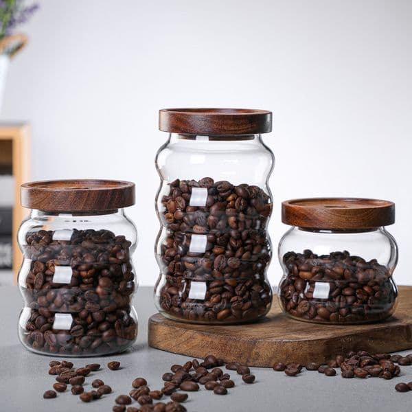 Wholesale Acacia Wooden Lid Glass Storage Jar Transparent Storage Storage Jar Food Coffee Bean Tea Sealed Jar
