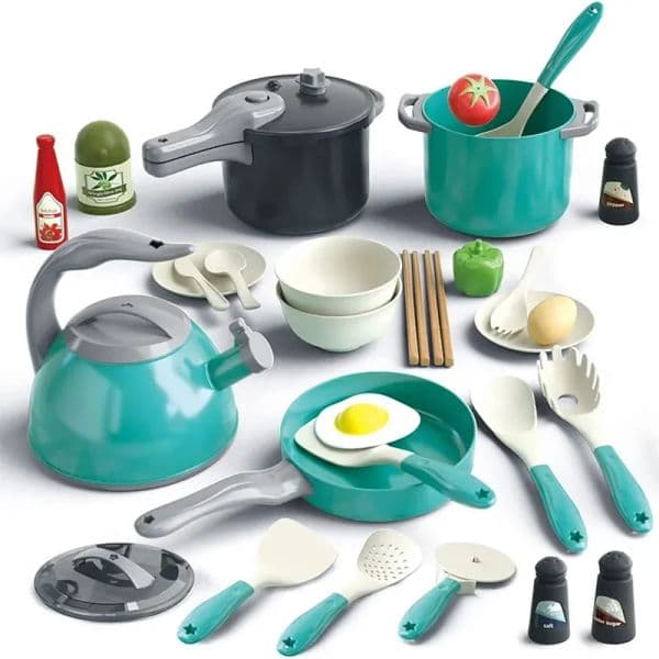 32pcs Kids Kitchen Cooking Toy Set Pretend Cooking Food Play With Pots Pans Utensils Cookware Play Role Playing Toys Boys Girls