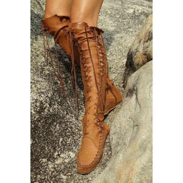 Autumn Over-The-Knee Boots Mid-Calf Sewing PU Flat Heels Lace Up Fashion Concise British Style Women Shoes Orange