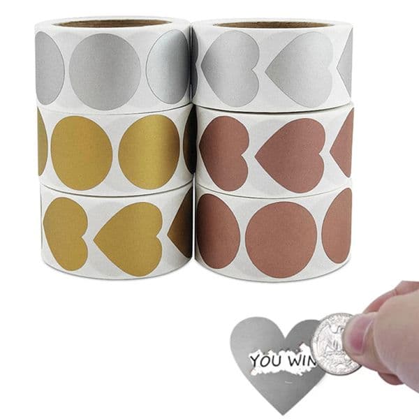 1 Inch 300pcs/roll Scratch Off Stickers Labels Heart Round Circle Self-Adhesive DIY Scratch Off Reward Card Game Promotion Raffle W0225