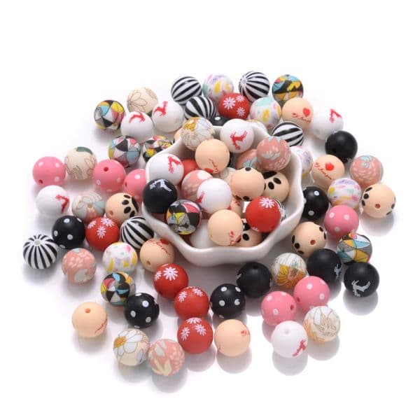 10Pcs 15mm Silicone Printed Beads Round Heart Flower Teether Beads For Jewelry Making DIY Pacifier Chain Bracelet Accessories