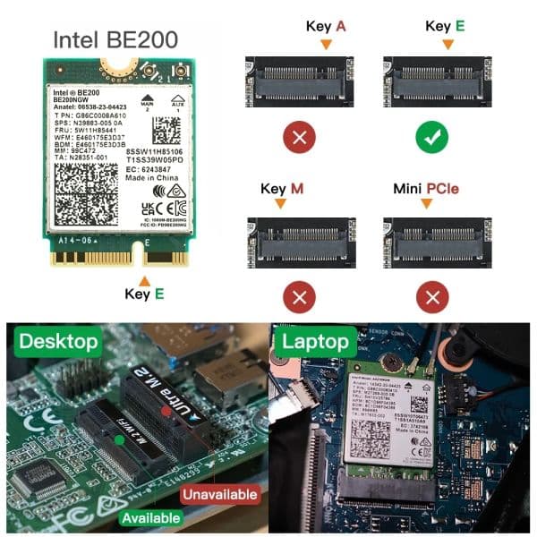 New Wi-Fi 7 Intel BE200 Bluetooth 5.4 Wifi Card BE200NGW 2.4/ 5/ 6 GHz 5.8 Gbps For Windows 11 PC Laptop