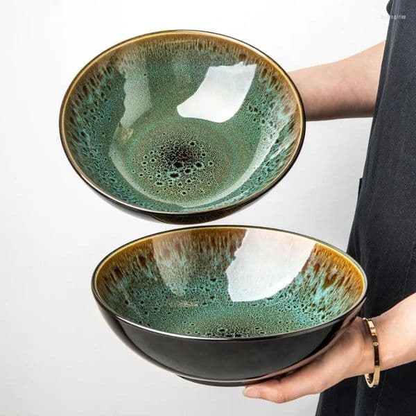 2026 New Bowls Chinese Style Retro Green Ceramic Bowl Household Noodle Specialty Ramen Dish Commercial Set Free Shipping