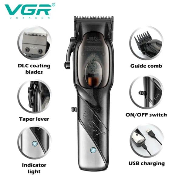 VGR Hair Clipper 9000 RPM Professional Hair Trimmer DLC Coating Haircuts Machine High Power Magnetic Motor Trimmer for Men V-002