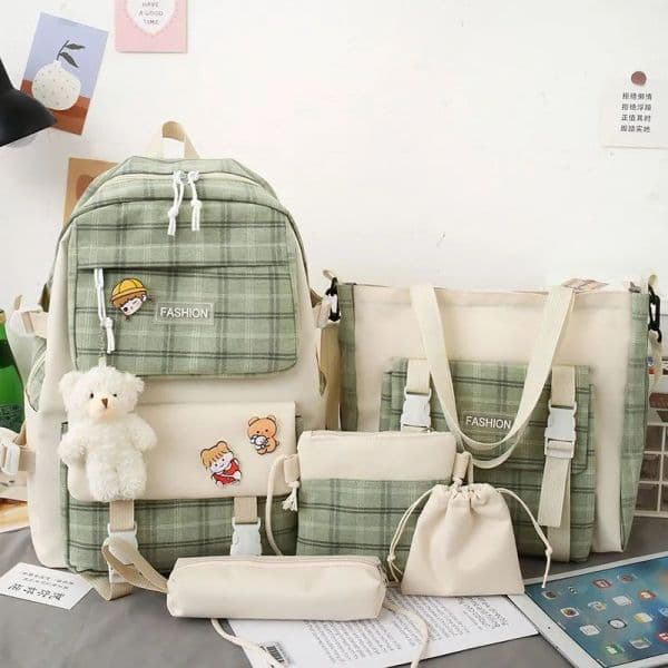 4Pcs Kawaii Plaid Printed Teens Bookbag Backpack Set Bag for Girls Schoolbag Women Laptop Rucksack Travel Shoulder Mochila