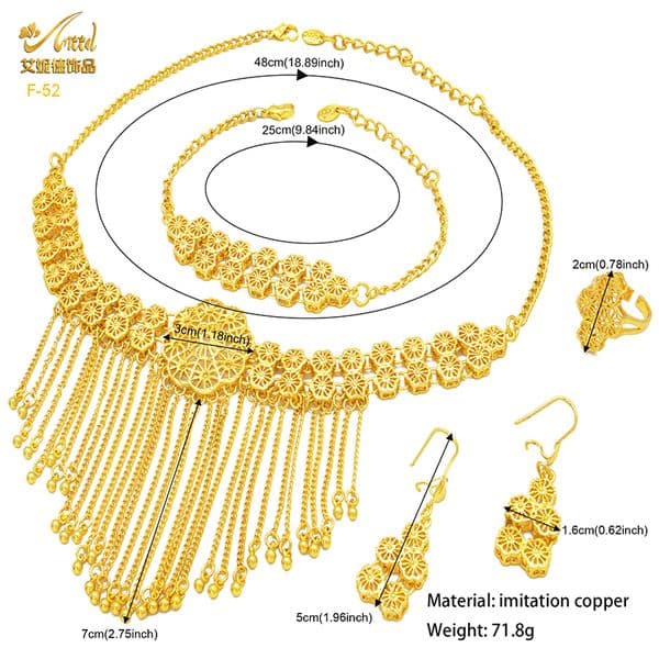 ANIID Ethiopian Dubai Tassel Gold Color Jewelry Sets For Women Wedding Indian Bridal Necklace And Earring 4Pcs Set Party Gifts