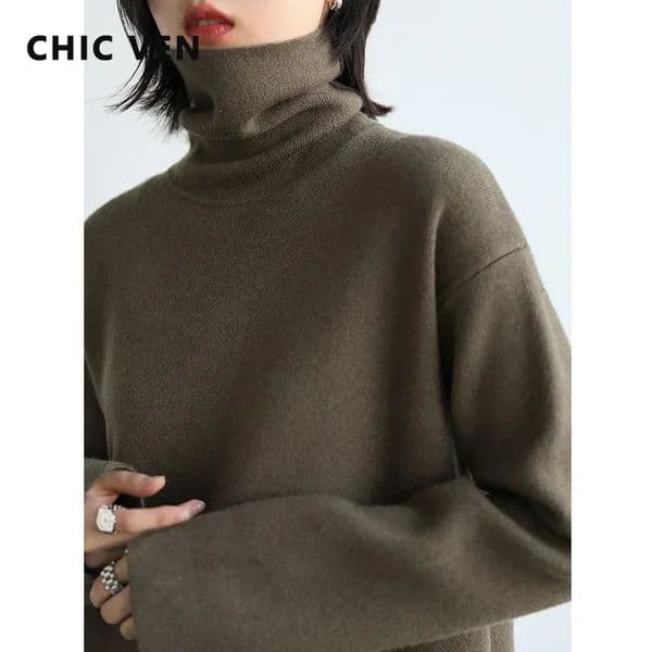 CHIC VEN Soft Wax High Neck Bottom Womens Knitted Sweater Basic Solid Color Womens Pullover Winter Turtle Neck Office Womens Top 241104