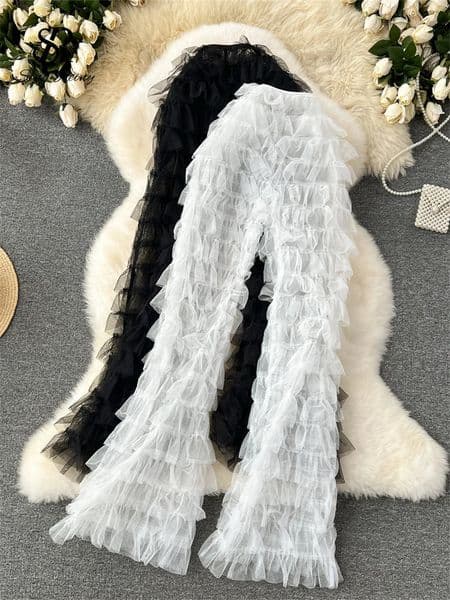 SINGREINY Fashion Mesh Long Pants Women Tierred High Waist American Fashion Streetwear 2024 Y2k Vintage Sheer Flare Trousers 241105