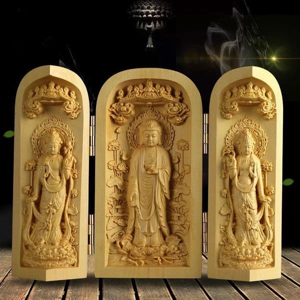 1Pc Exquisite Boxwood Carving Guanyin Buddha Statue Western Sansheng Wood Carving Crafts Home Decoration 260130BJ