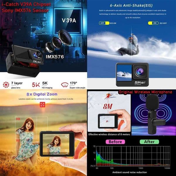 New Arrival Action camera 5K 30FPS 48MP WiFi dual Sn 8X zoom pre recording 30M waterproof sports camera Z241104