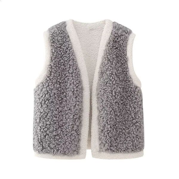 Panelled color plush vest womens winter warm Lambswool womens thick coat sleeveless jacket womens top 241105