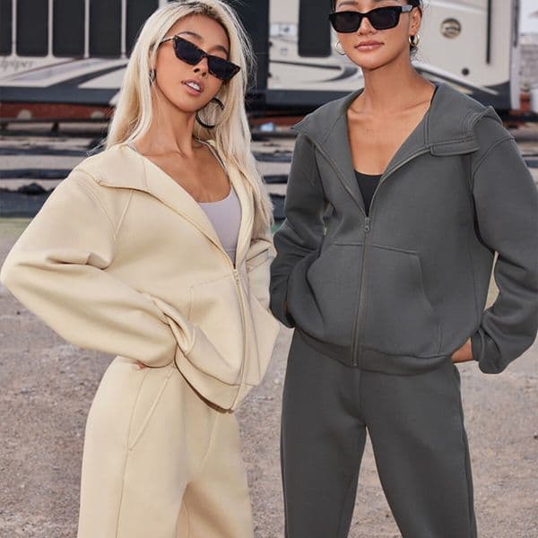 2024 Spring And Autumn Solid Color Hooded Long-Sleeved Feet Set Sports 2 Piece Zip-Up Cardigan Top Women's Clothing