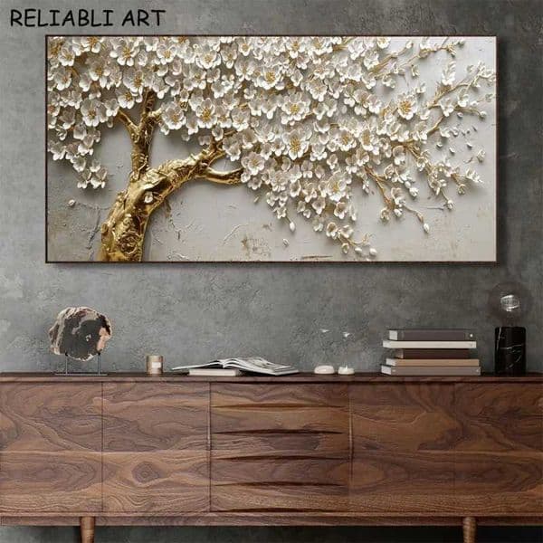 Golden White Flower Tree Poster and Prints Abstract Canvas Painting Wall Art Pictures for Living Room Home Decor No FrameXJ241104