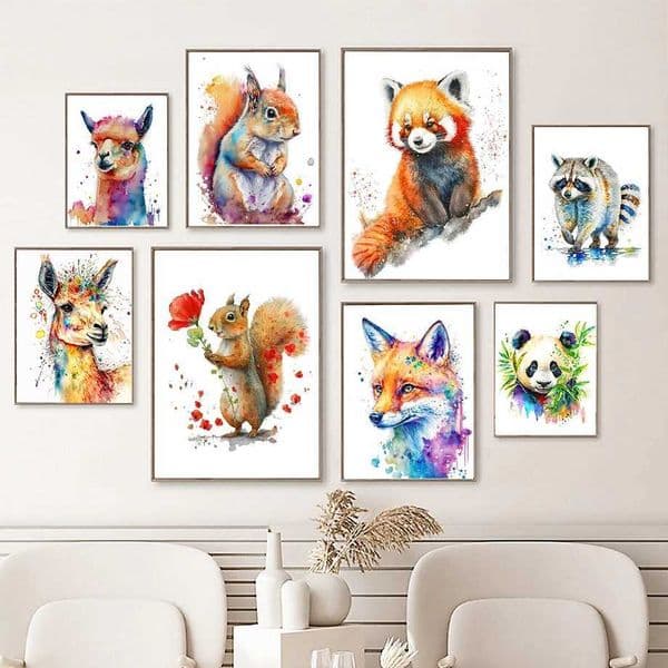 Alpaca Squirrel Raccoon Red Fox Giant Panda Watercolor Fashion Wall Art Canvas Painting Nordic Poster Room Decor 26L0423