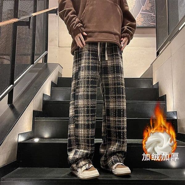 Winter Trendy Mens Fleece Plaid Casual Pants Loose Straight Leg Thick Warm Long Mopping Trousers For Men RedBlack 241104