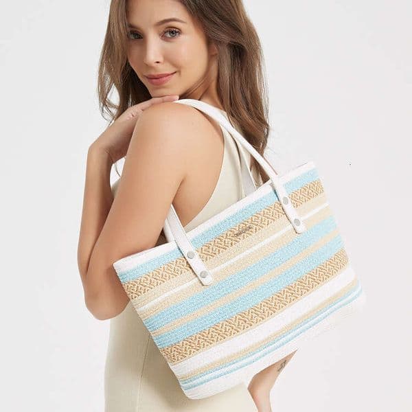 OLOEY Women's Summer Beach Hat Versatile Backpack Handbag Outdoor Travel Holiday Stripe Casual Bag