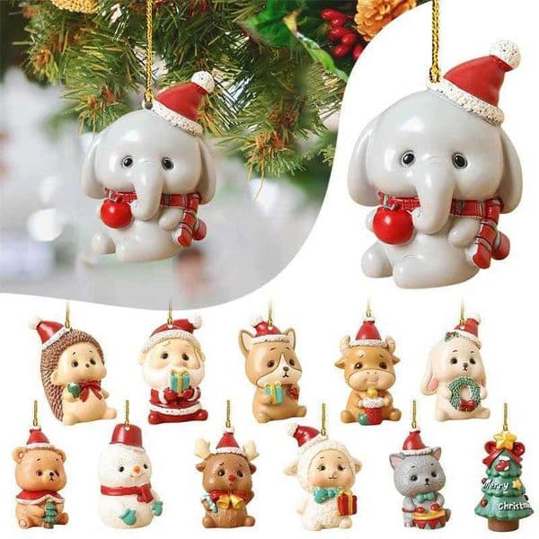 Cute Santa Hats Animals Acrylic Pendants Flat Christmas Tree Decorations Car Hanging Ornaments Christmas Party Accessories GiftsXJ241107