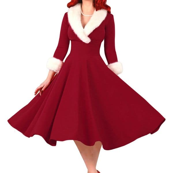 Year Christmas Dress Women Christmas Sexy Costume Long Sleeve V Neck Plush Warm Party Pleated Elegant Tunic Swing Dresses 241107